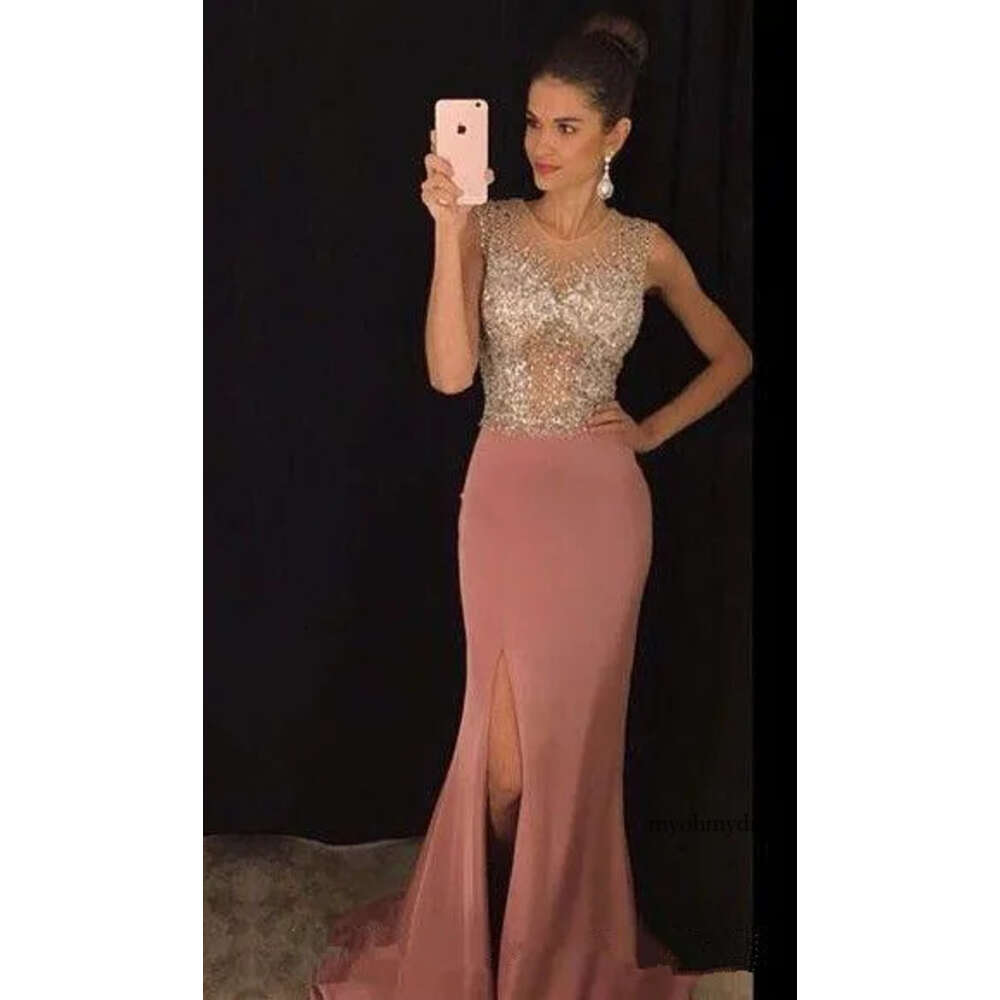 Dusty Pink Side Split Evening 2019 Mermaid Long Sheer Jewel Sequins Prom Pageant Gowns For Arabic Women Crystals Beaded Formal M48 0510