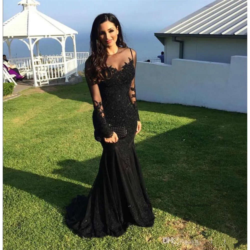 Saudi Arabic Sheer Neck Lace Sequin See Through Mermaid Evening Gowns Long Sleeve Applique Dubai Arabian Party Dresses Prom 0510