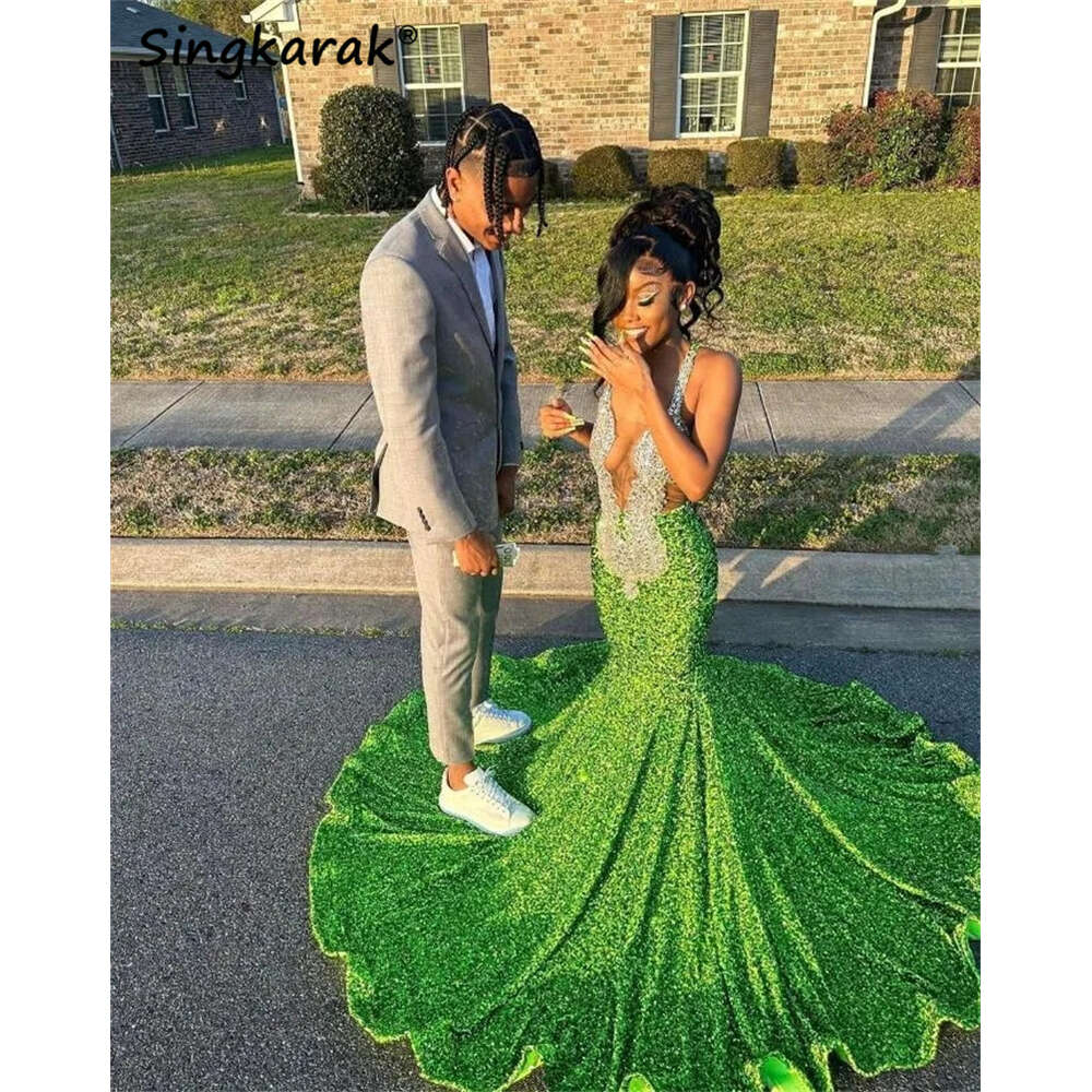 Sparkly Green Mermaid Long Prom 2024 Crystal Rhinestone Beading Birthday Party Dress Homecoming Robe De Bal
