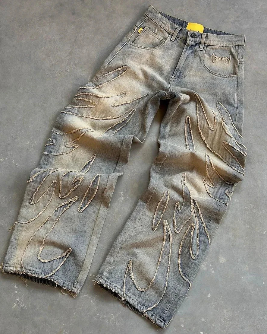 2024 Harajuku ripped edge embroidered jeans American loose street men and women hip hop y2k jean 2000 retro straight jeans 240509