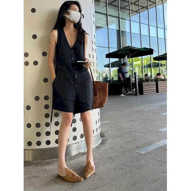 Women's Jumpsuits Rompers V-neck Jumpsuit Wide Leg Shorts Bodysuit High Waist Loose Workwear Pants Overall Large Size Playsuit Women Clothing One