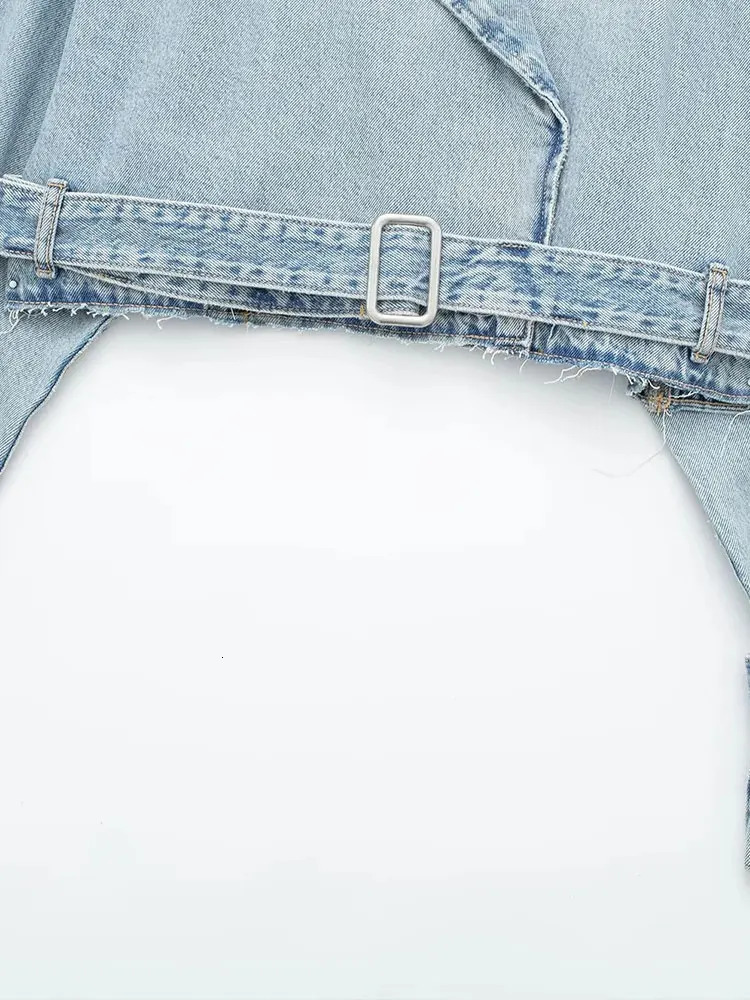 TRAF Spring Denim Cropped Trench Coat For Women Short Coats Jackets Ladies Long Sleeve Loose 240423