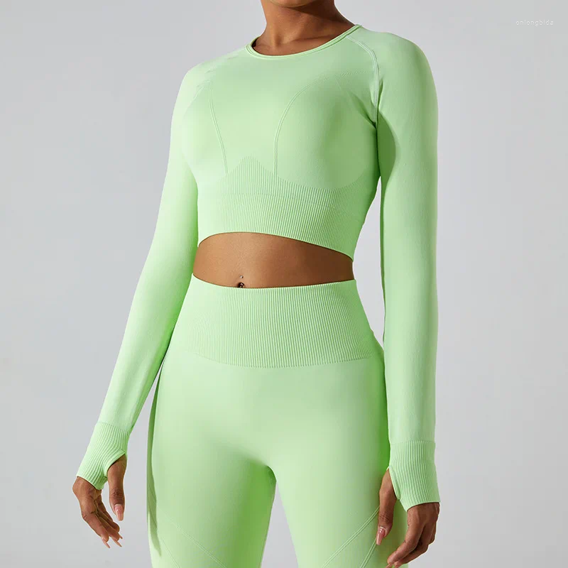 Active Shirts Women Seamless Yoga Crop Top Long Sleeves For Sports Fitness Gym Clothing Workout Tops