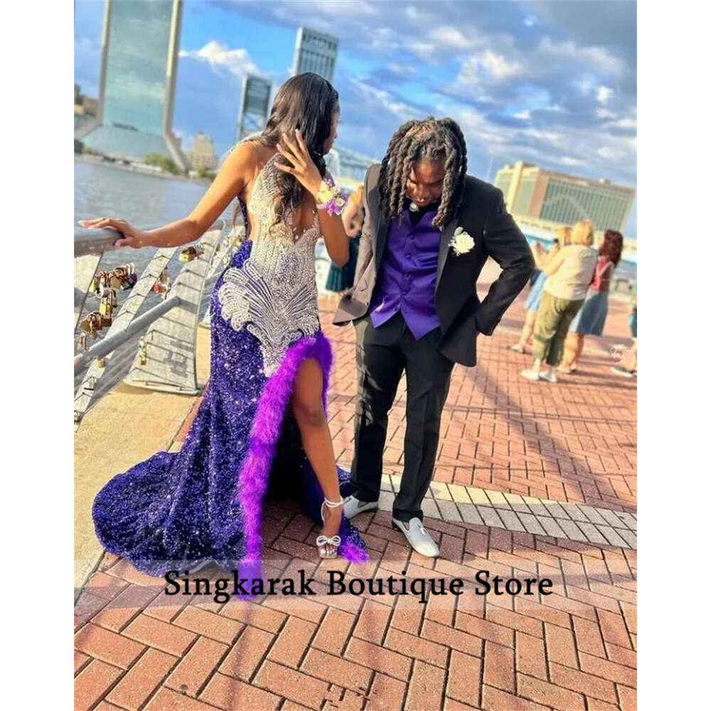 Long Purple Prom Dresses 2024 Glitter Beading Crystals Rhinestones Feathers Sequins For Black Girl Mermaid special Party Gown