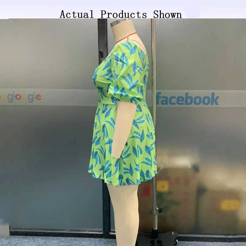 Plus size Dresses KUCLUT Womens Plus Size Mini Dress Summer Casual Loose Ruffled Waist Fit Print V-neck Short Puff Slive Dress Y240510