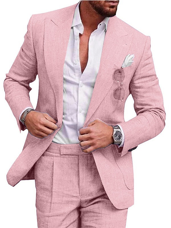 Mens Linen Suits for Beach Slim Fit 2 Piece Wedding Tuxedo for Men Attire Casual Summer Groomsmen Suit Holiday Party Marriage One Button