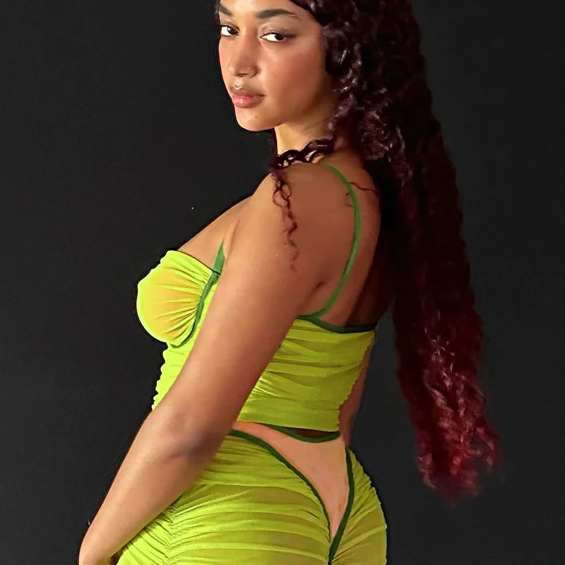 BUILDINGB 2024 Spaghetti Strap Bodycon Sexy Dress Set Sleeveless Top And Skirt Summer Set Two Piece Mesh Patchwork Transparent C 240510