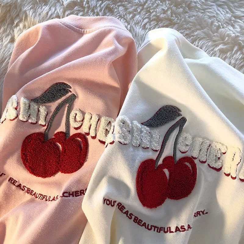 Women's T-Shirt Fashion Korean Brand Chic Flock Cherry Embroidery T Shirts Kawaii Girls Tops 2022 Summer Large 3XL Harajuku Oversized Tns Y240509