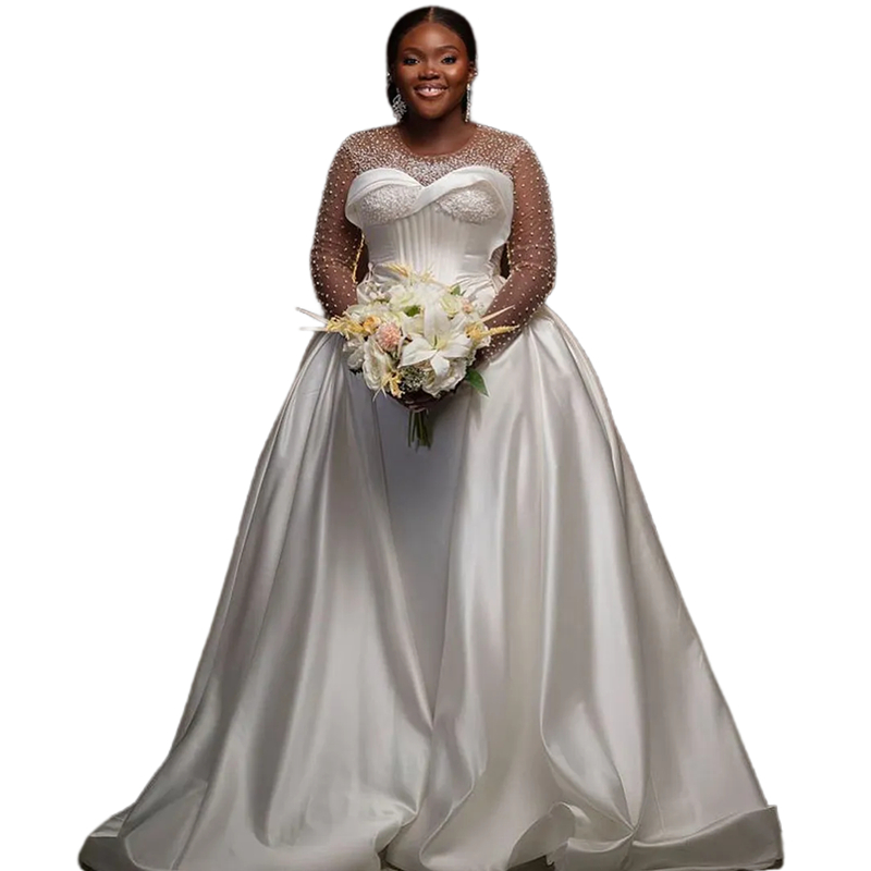 Gorgeous Crystals Beaded Mermaid Wedding Dresses With Detachable Skirt Long Sleeves White Satin Wedding Gowns Jewel Neck Corset Satin Bridal Dress