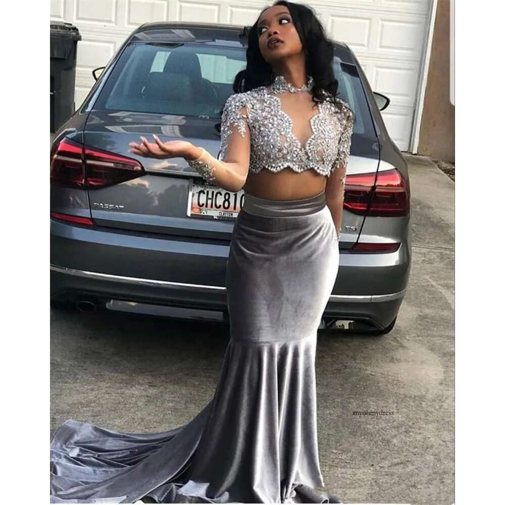 Mermaid Prom Dress, 2 Pieces Lace Applique Top With Sheer Long Sleeves, Beaded Veet Formal Gown For Graduation, Evening Party