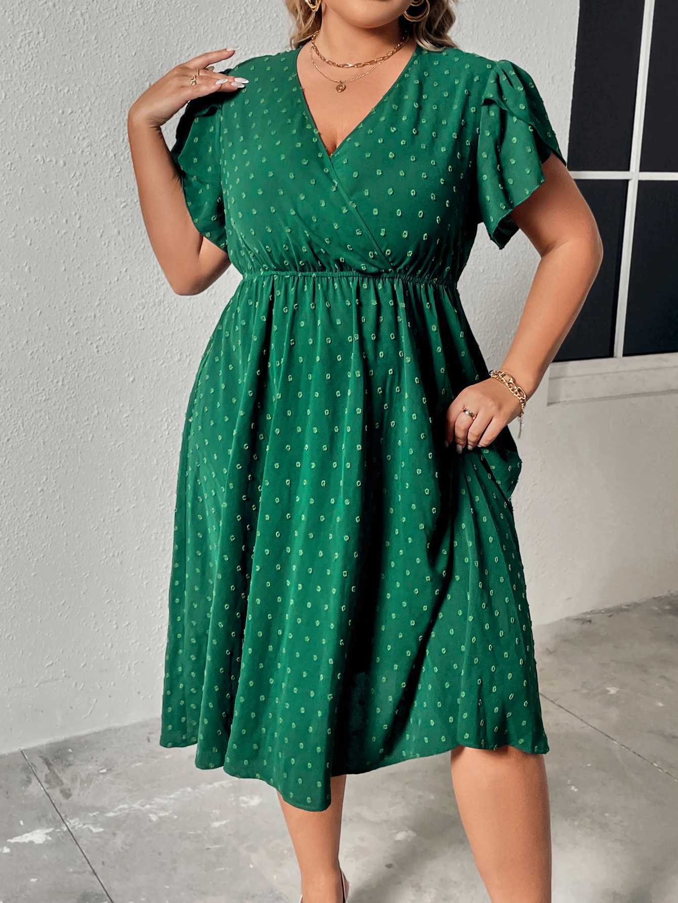 Plus size Dresses Plus Size Surplice Neck Swiss Dot A-Line Dress Women Vacation Casual Summer Boho Elastic Waist Large Size Elegant Midi Dresses Y2405