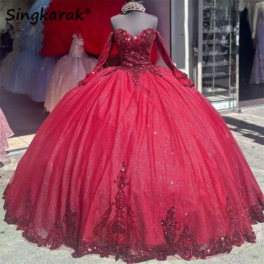 Glitter Princess Bury Quinceanera With Detachable Bell Sleeves Sweet 16 Dress Sequins Appliques Beads Vestidos Ball Gown