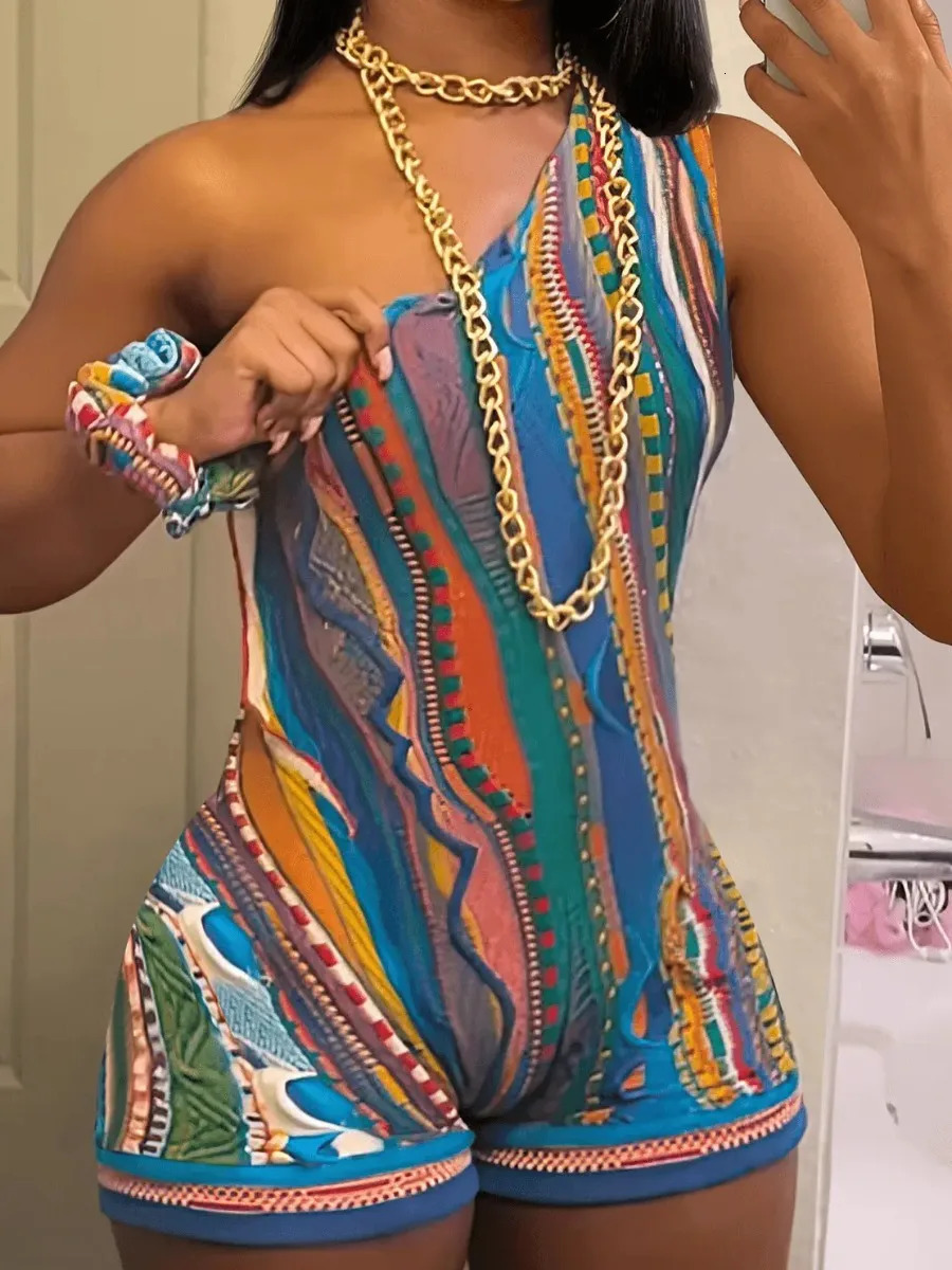 LW Asymmetrical Neck Multicolor Bodysuits One Shoulder Tribal Mixed Print Romper Sleeveless Stretch Slim Pullover Jumpsuits 240423