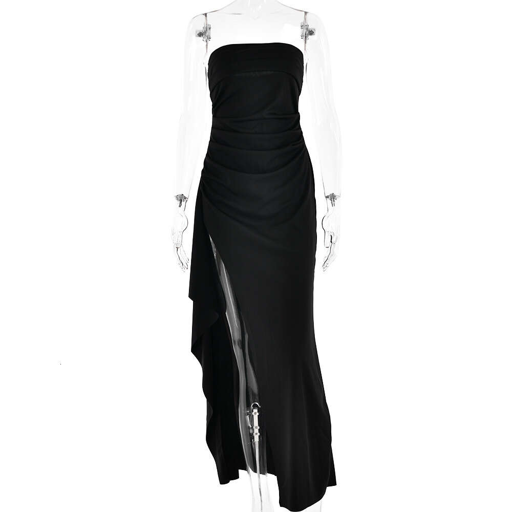 Evening women's one line neckline strapless dress, fashionable and sexy backless high slit long skirt, autumn F51044