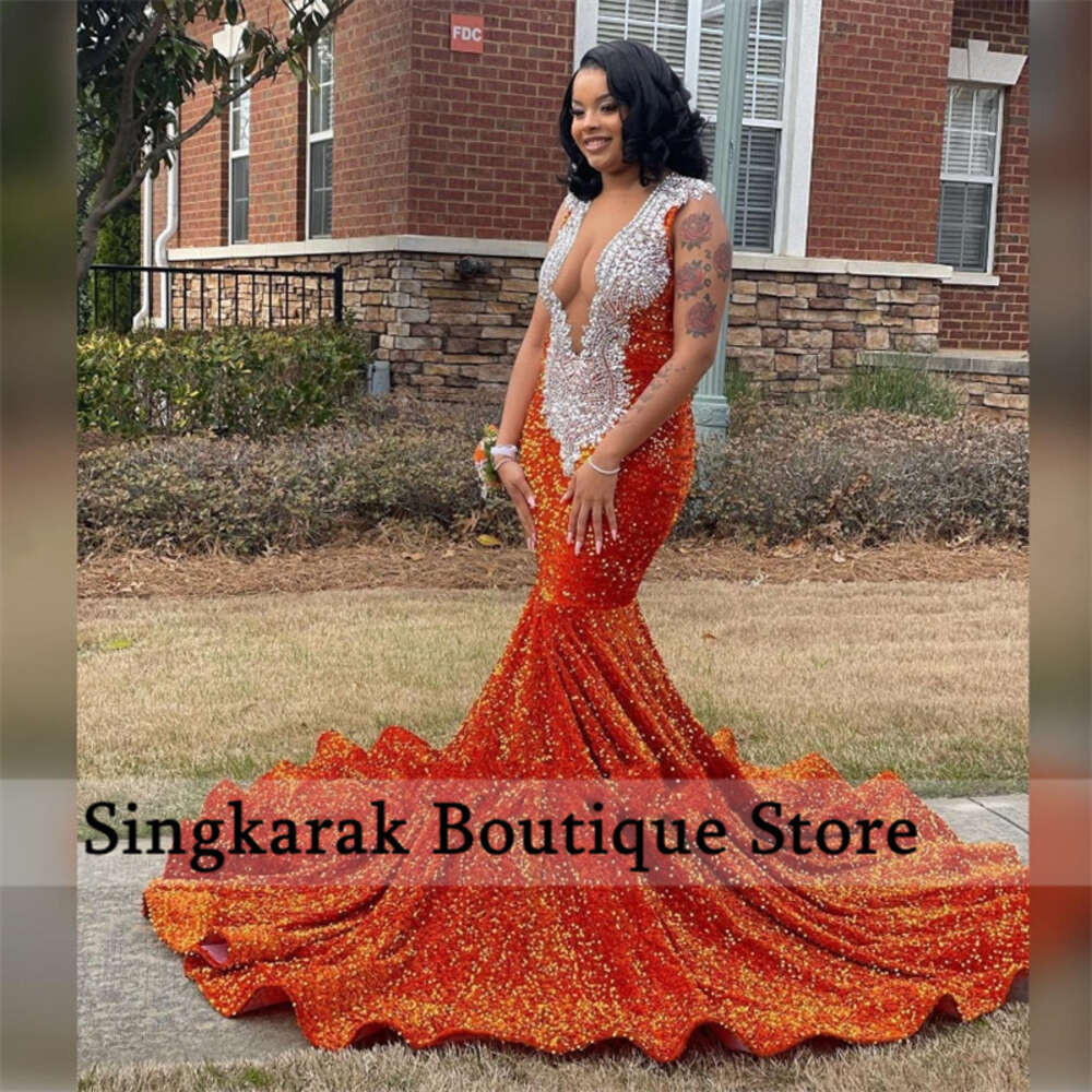 New Arrival Orange Mermaid Prom Dress 2023 For Black Girls Sheer Neck Crystals Rhies Party Gown Robe De Bal 6660306