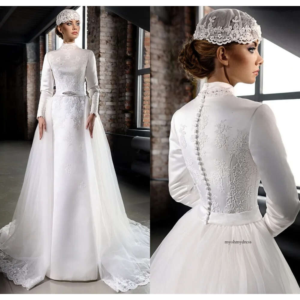 Modest Muslim Dresses With Overskirts Exquisite High Neck Lace Applique Arabic Bridal Wedding Gowns Covered Button Long Sleeve 0510