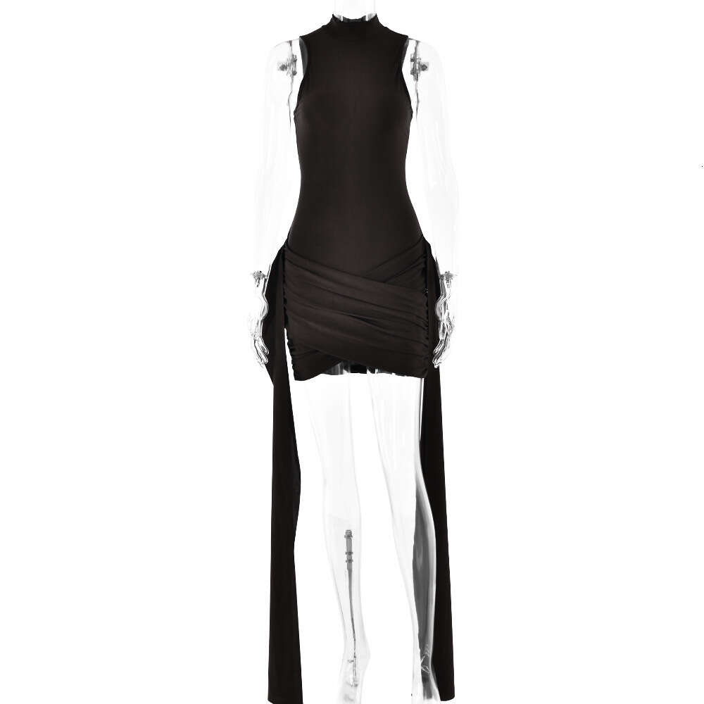 Hot selling new dress in spring, sexy and elegant, solid color round neck sleeveless buttocks tied short skirt F51037
