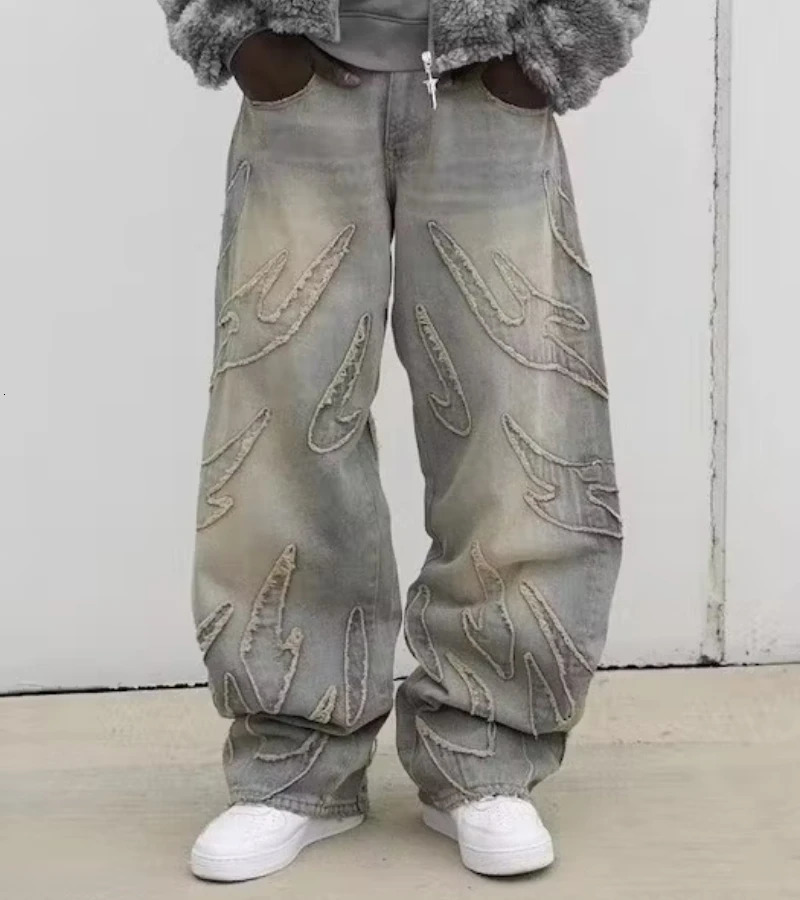 2024 Harajuku ripped edge embroidered jeans American loose street men and women hip hop y2k jean 2000 retro straight jeans 240509
