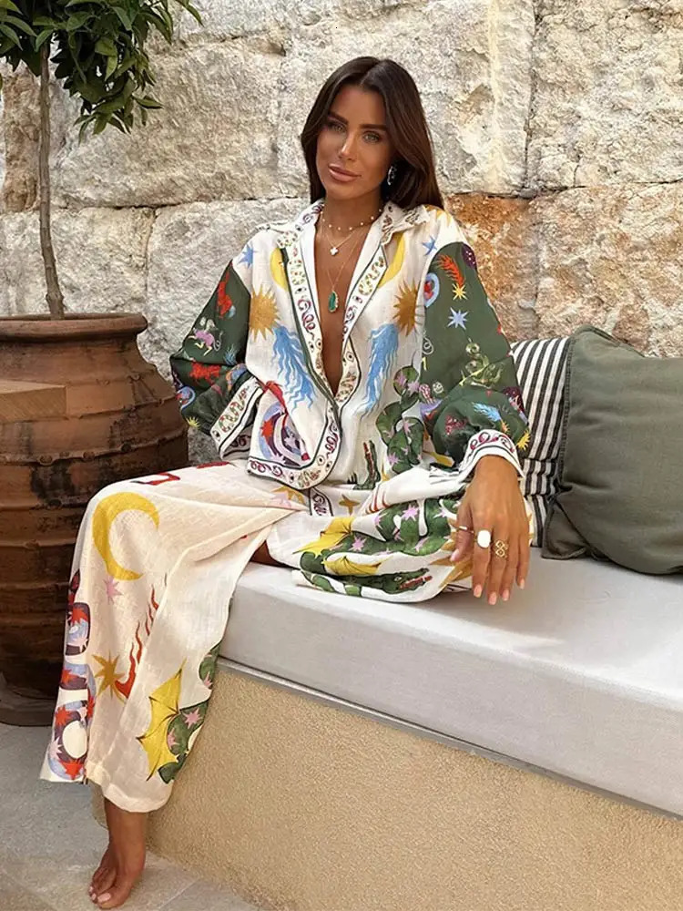 Elegant Printed Pants 2 Piece Set Causal Lapel Sing Breatsed Long Sleeved Elastic Waist Pant Suits Ladies Holiday Beachwear 240510
