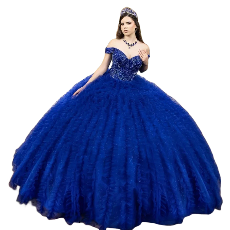 Ruffles Pluffy Ball Gown Quinceanera Dresses Crystals Beaded Off Shoulder Floor Length Princess Prom Party Dress Royal Blue Sweet 16 Dress Vestido De 