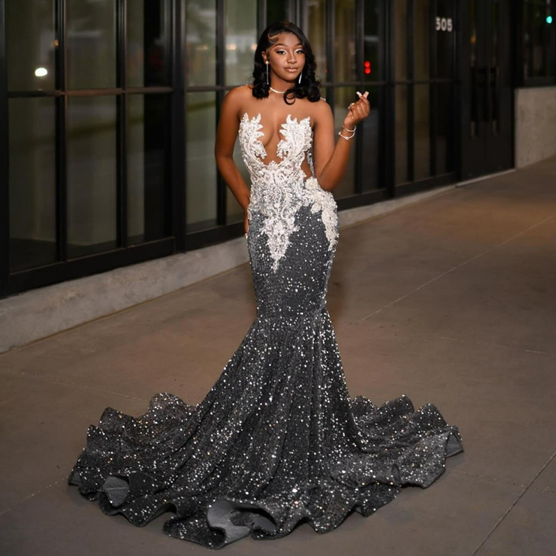Grey Prom Dresses for Special Occasions Promdress Illusion Appliqued Beaded Sequined Lace Birthday Party Dress Second Reception Gowns for Black Women 