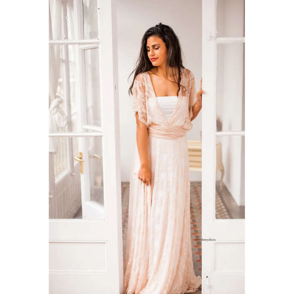 Romantic Lace Beach Boho Dresses 2019 Summer Sexy Backless Bohemian Country Bridal V Neck Wedding Gowns 0510