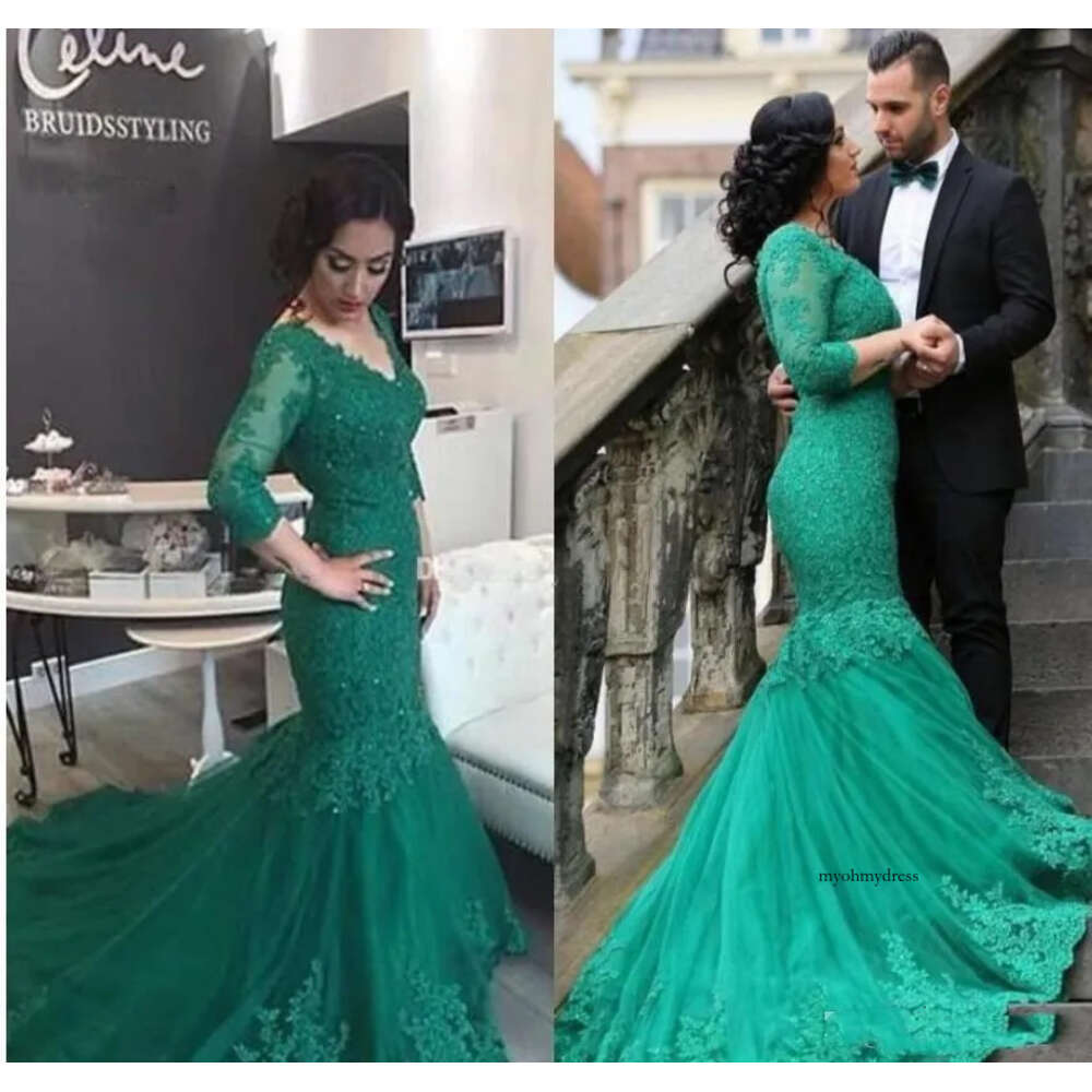 Vintage Mermaid Formal Green Lace Celebrity Elegant Women Party Evening Wear Mother Of The Bride Dresses Long Sleeve 0510