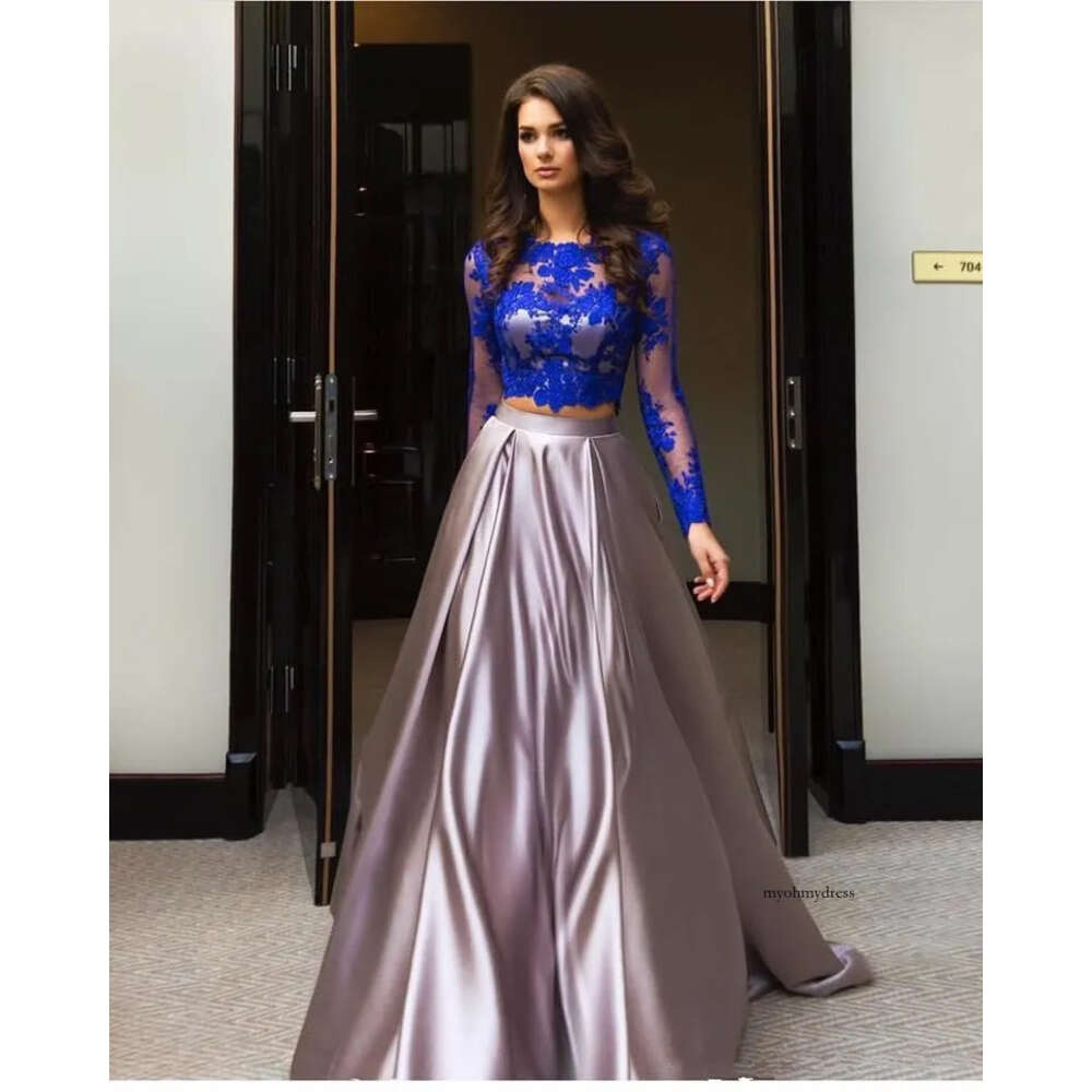 2017 Blue Lace Two Piece Prom Long Sleeve Vestido De Festa Longo Applique Bateau Neck Graduation Dresses Evening Party Gowns Custom 0510