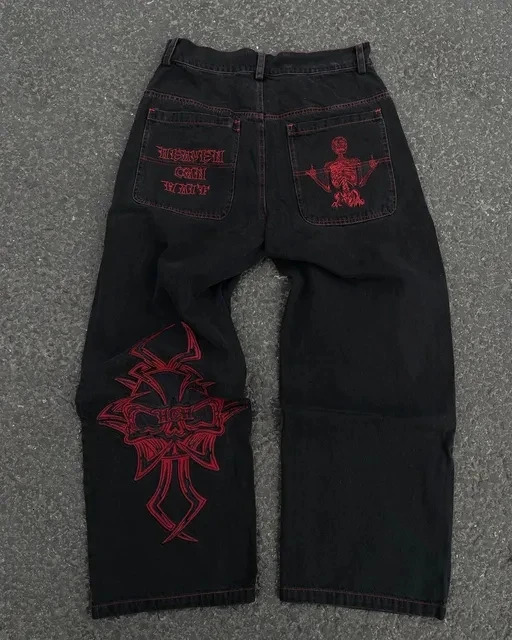 Y2k Men Jeans Baggy Jeans Hip Hop Punk Ripped Jeans Harajuku Goth Skull Embroidery Wide Leg Straight Jeans for Men 240429