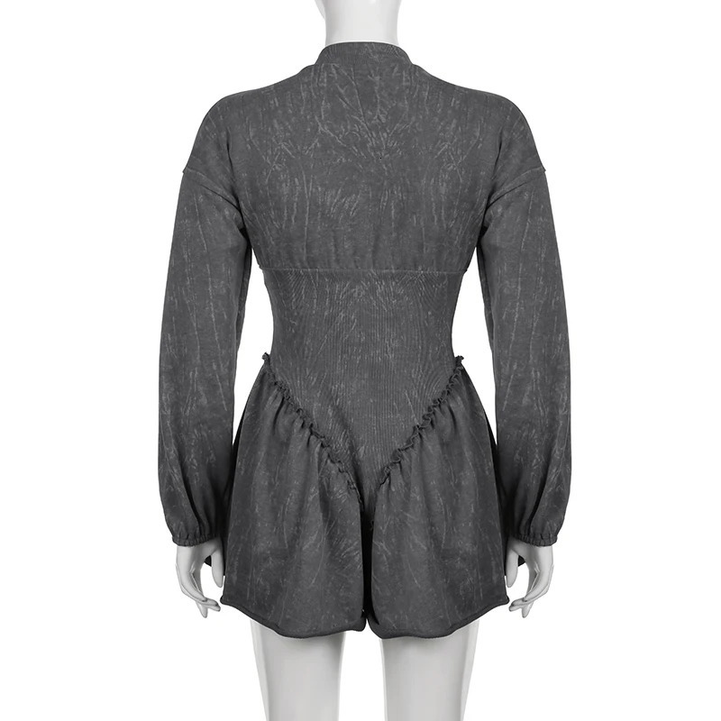 BIKPIIK Distressed Sexy Womens Playsuits Fashion Grey Zipper Mini Culotte Clubwear Rompers Unique Casual Overalls Birthday Party 240426