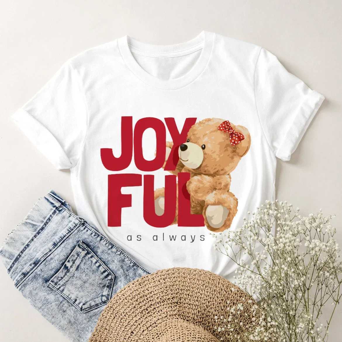 Women's T-Shirt Short Slves Pure Cotton Tops Strwear Womens Fashion Cute Swt T-Shirt Clothing Womens Casual Bear Printed Ts Y240509
