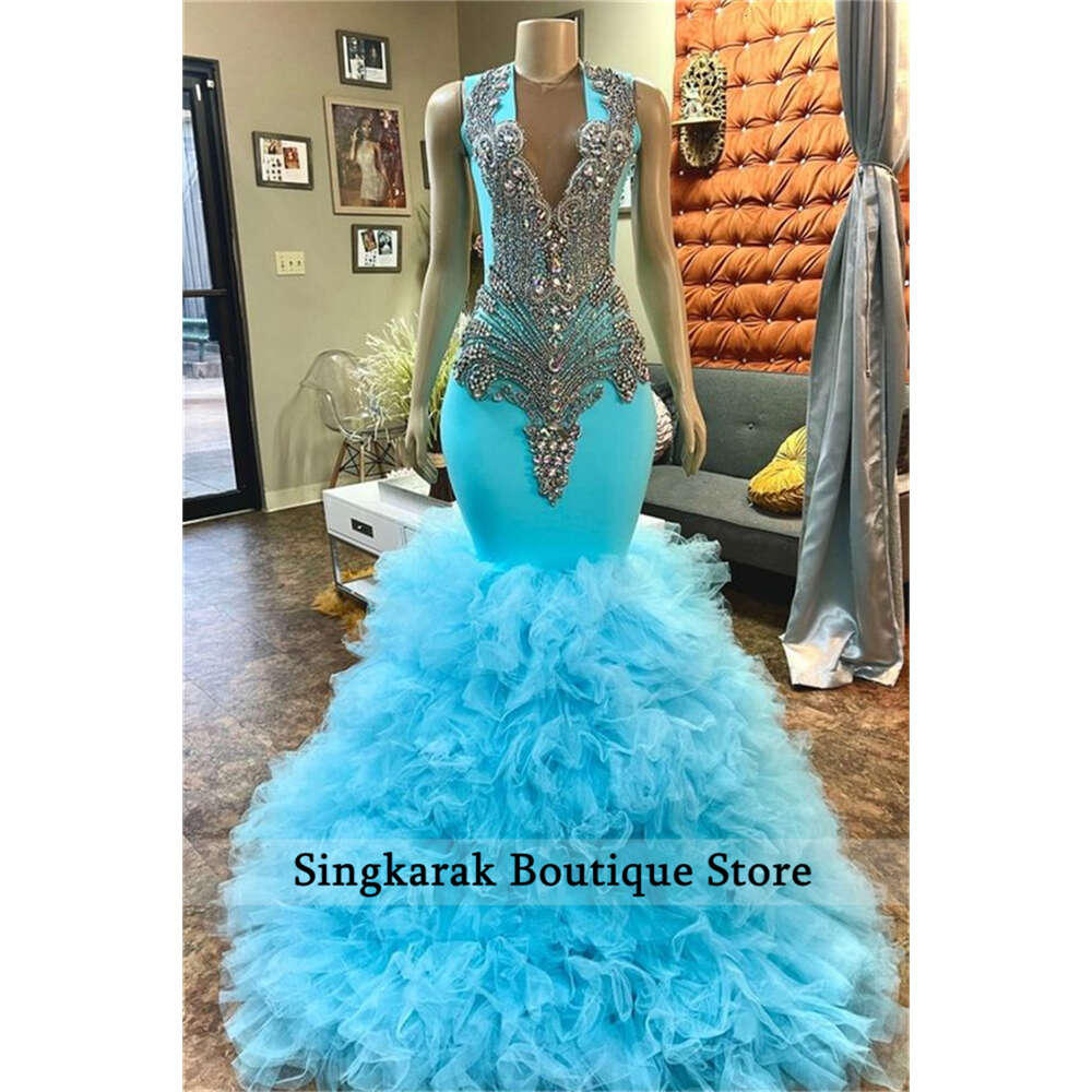 Long Blue Prom Dresses 2024 Sparkly Dia Crystal Rhies Beading Tiered Ruffle Birthday Party Evening Gown Vestidos