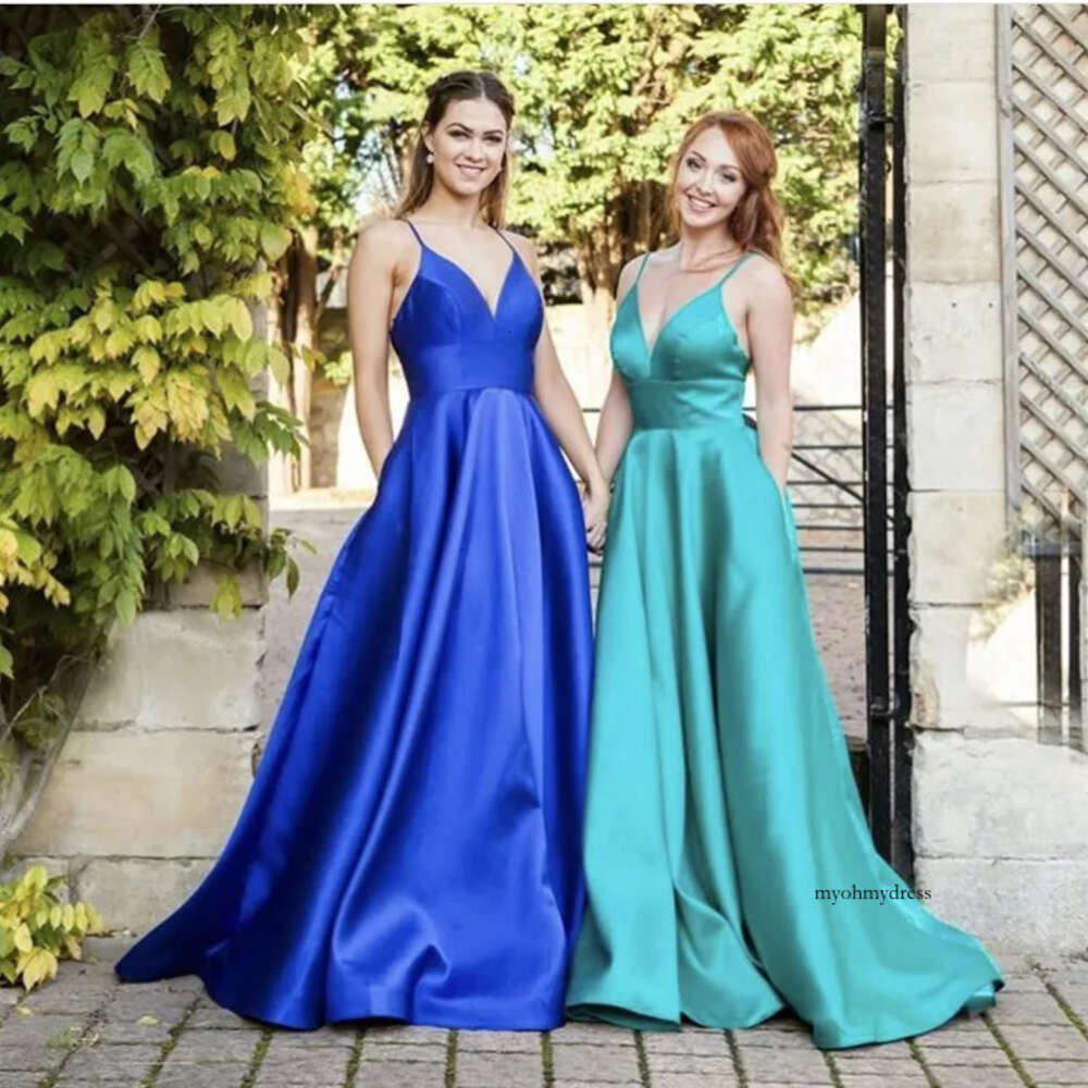 Royal Blue A Line Prom Turquoise Satin Formal Evening Party Custom Made V Neck Pageant Dresses Sweet 16 Graduation Gowns 0510