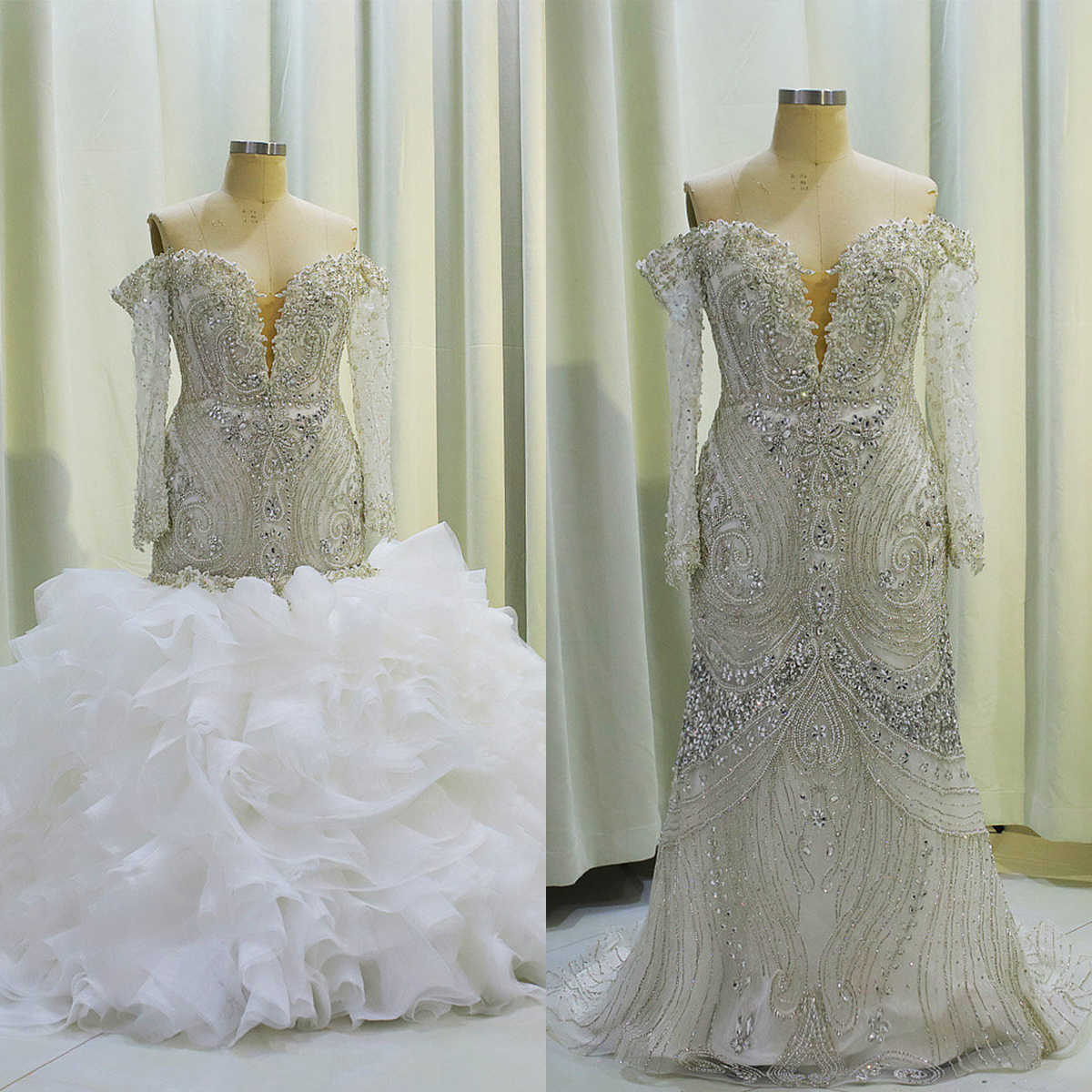 Luxury Mermaid Wedding Dresses Appliques Bead Crystal Lace Design Detachable Train Tulle Pleat Tiered Custom Made Plus Size Bridal Gown Vestidos De No