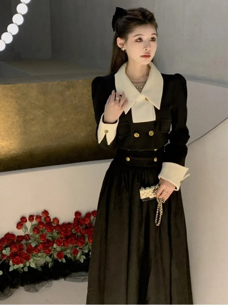 Spring Elegant 2 Piece Sets Womens Vintage Black Blazer Skirts Suit Femme Outfits Autumn Korean Fashion y2k Clothes 240423