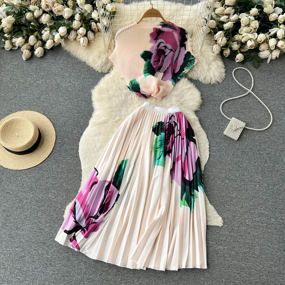 Summer Runway Flower Skirt Suit Womens Stretch Colorblock Knit Top High Waist Floral Printed Skirt Holiday Two Piece Set 240509