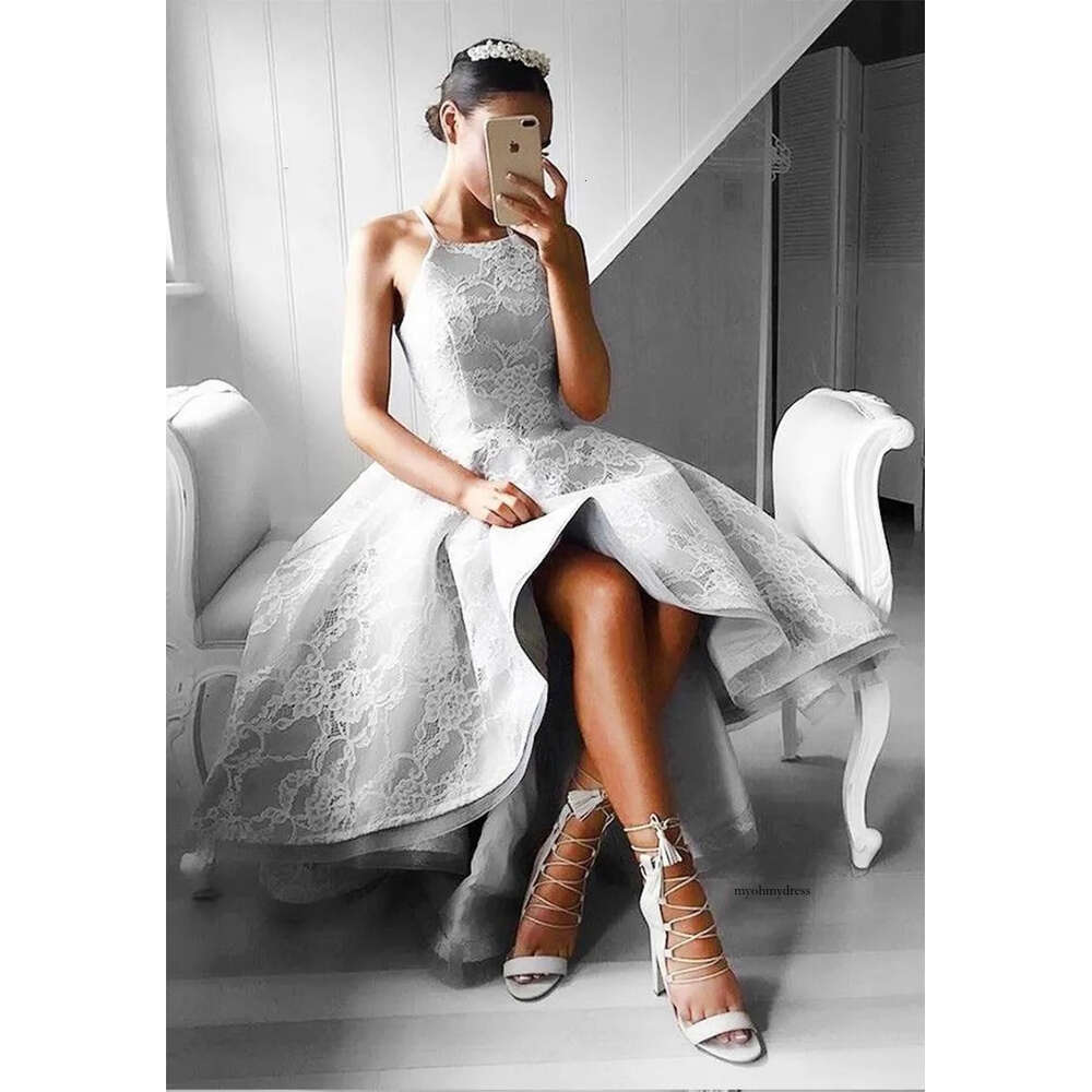 Stylish Grey High Low Prom Gray Lace Pageant Vestidos De Fiesta Hi-Lo Party Gowns Tail Evening Dresses 0510