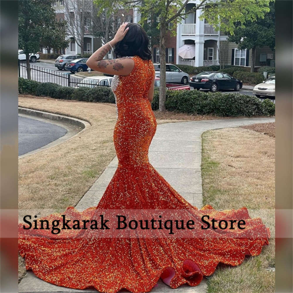 New Arrival Orange Mermaid Prom Dress 2023 For Black Girls Sheer Neck Crystals Rhies Party Gown Robe De Bal 6660306
