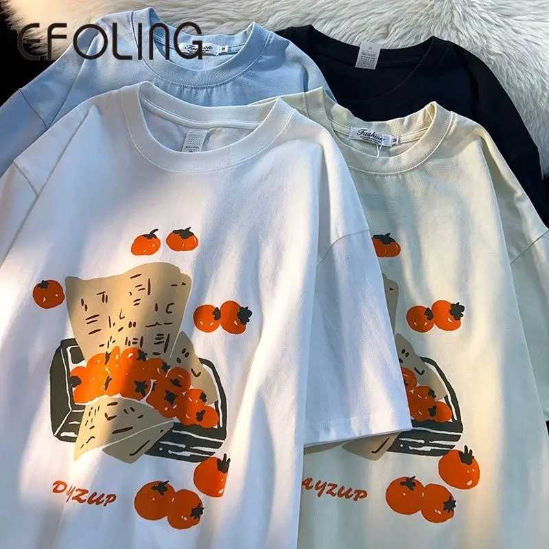 Women's T-Shirt Vintage Oil Painting Fruit Persimmon T-shirt Fashion Strtwear Short Slve Tops Casual Summer Cotton T Cute Cartoon Harajuku Y24050