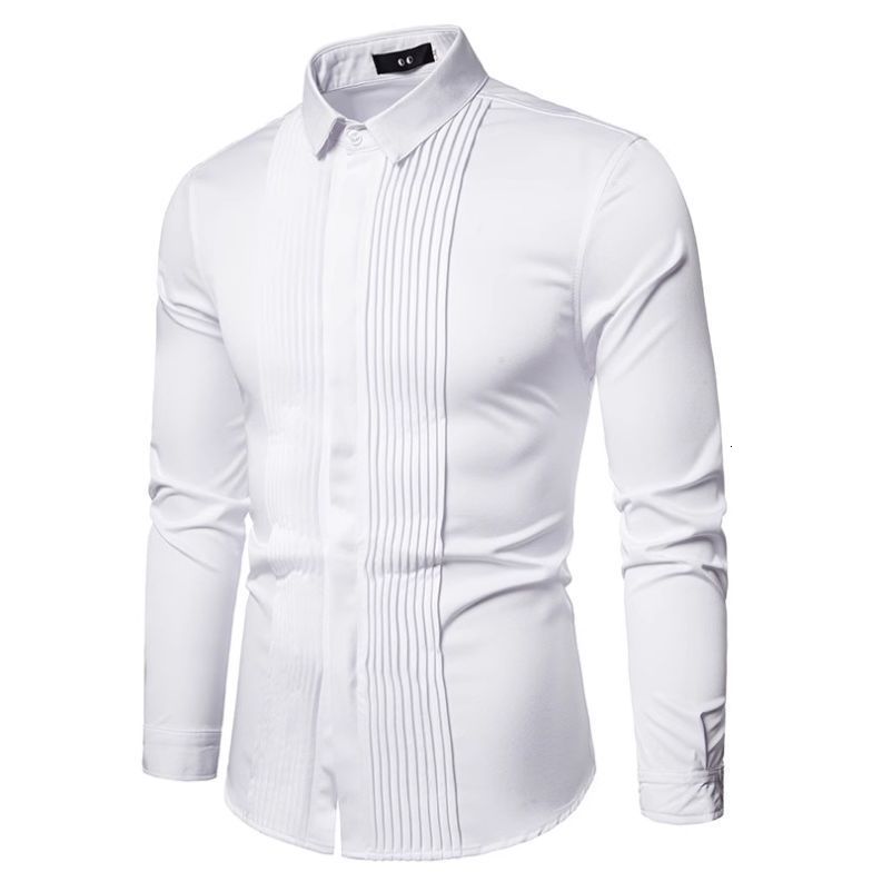 New mens long sleeved shirt British style lapel pleated mens uniform dress shirt bottom shirt 220322