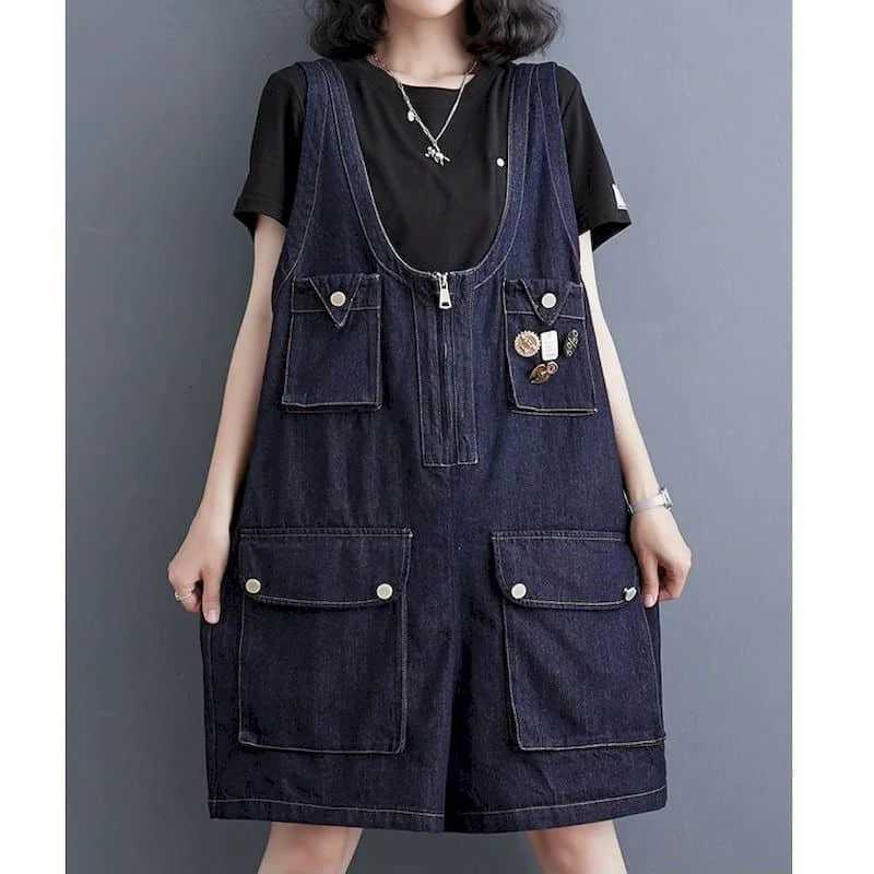 Women's Jumpsuits Rompers Denim Jumpsuits Korean Fashion Playsuits One Piece Outfits Women Clothing Oversized Five-point Shorts Big Pocket Wide L