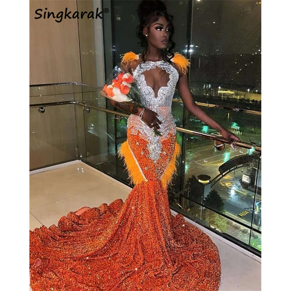 Sparkly Orange Prom Dress 2024 Glitter Crystal Beads Rhies Feathers Sequins special Party Evening Gown Robe