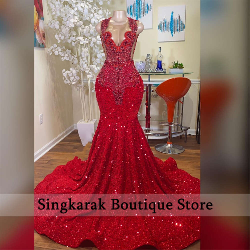 Long Dresses 2024 Red Dias Mermaid Style Sparkly Rhies Crystals Sequin Black Girls Prom Party Formal Gowns 6660306