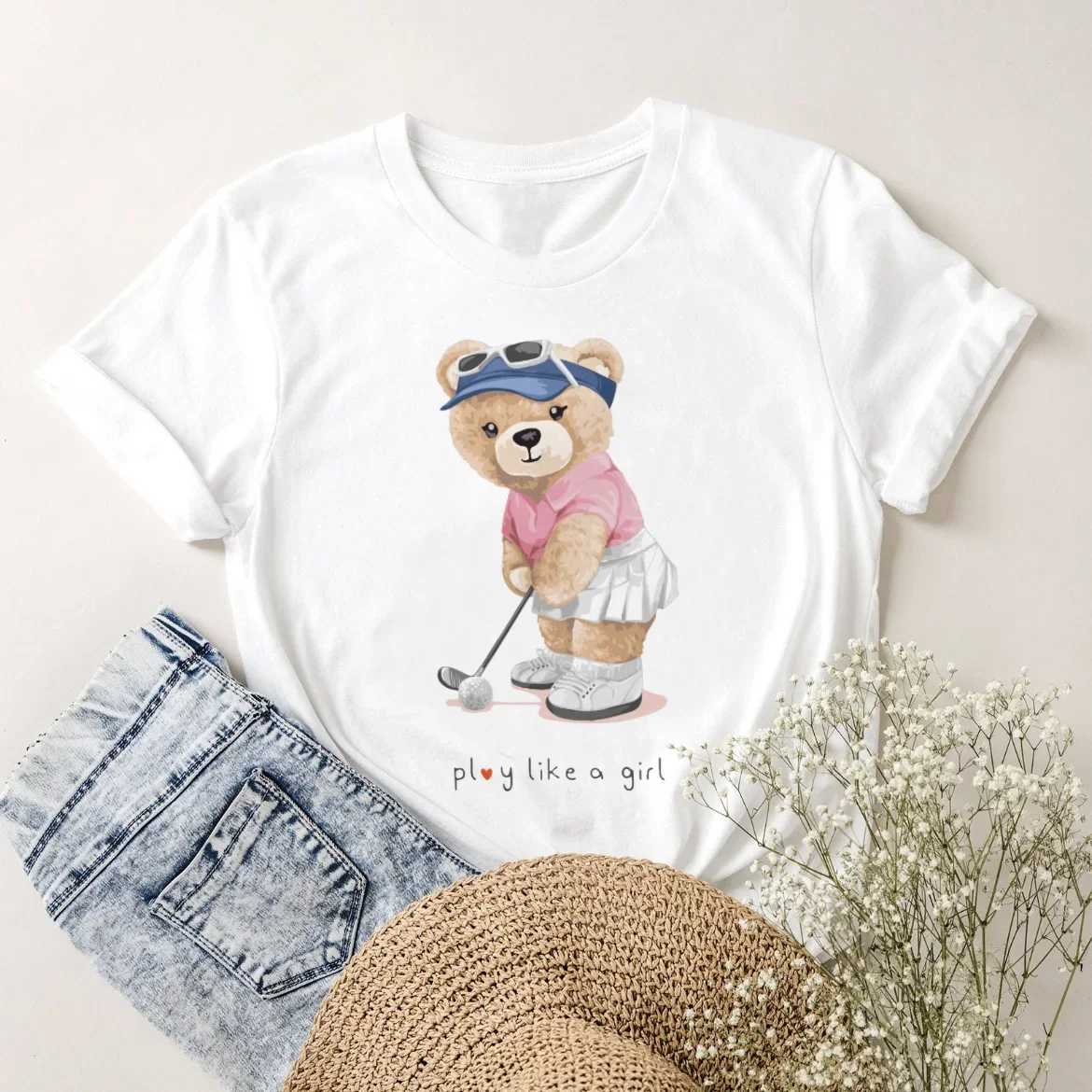 Women's T-Shirt Short Slves Pure Cotton Tops Strwear Womens Fashion Cute Swt T-Shirt Clothing Womens Casual Bear Printed Ts Y240509