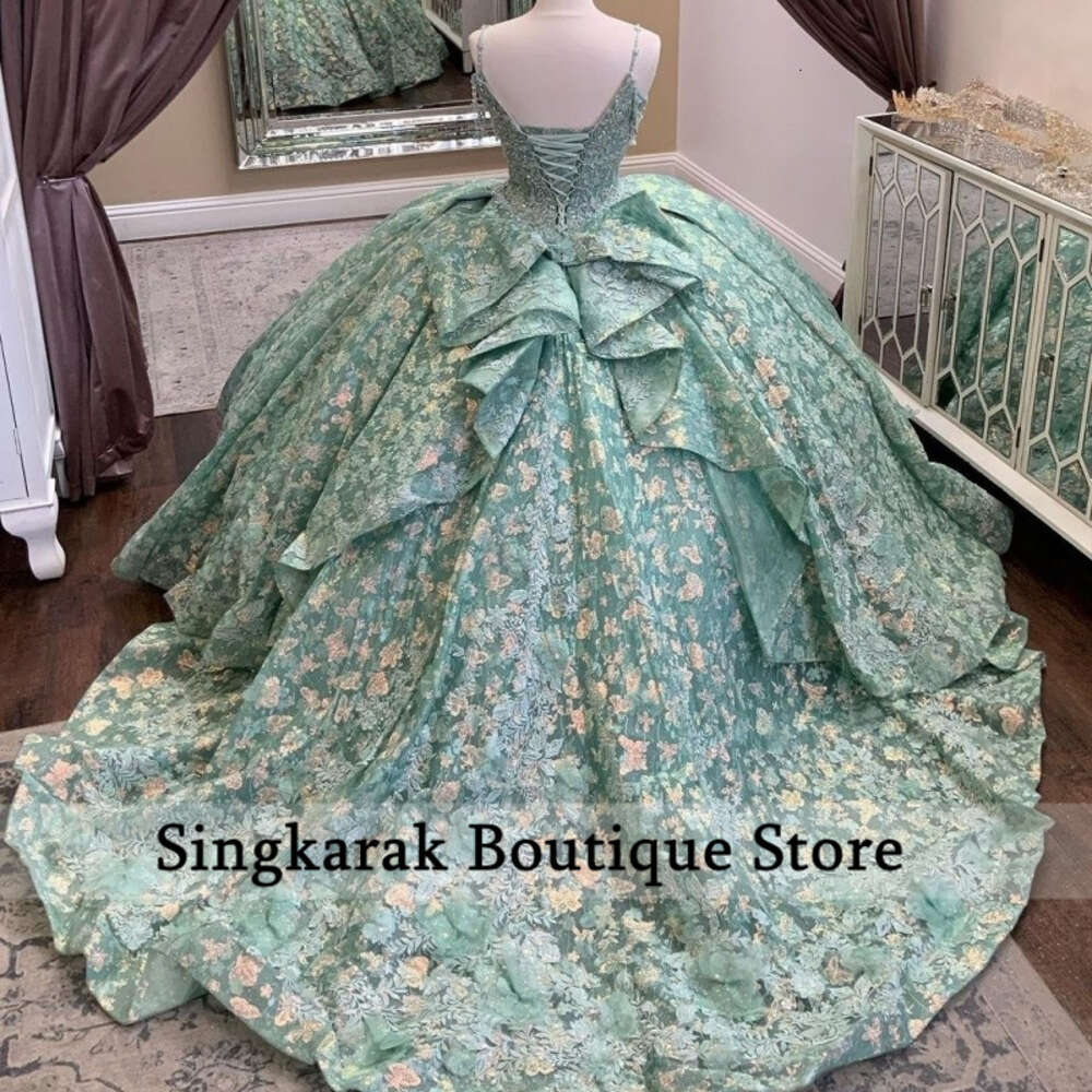 Green New Princess Quinceanera Dresses Ball Straps Wers Appliques Beaded Crystals Sweet Th Gown Court Train