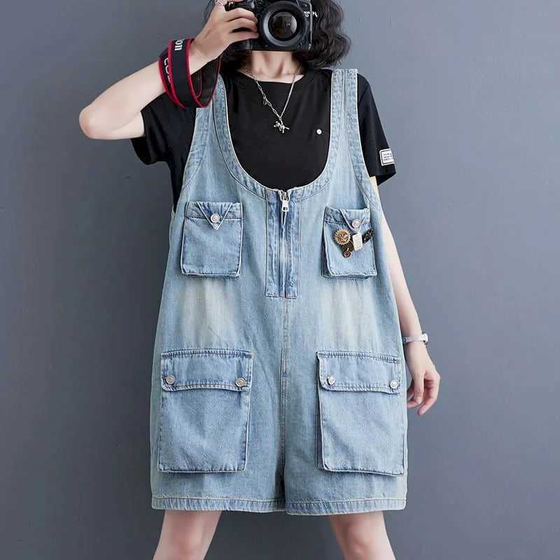 Women's Jumpsuits Rompers Denim Jumpsuits Korean Fashion Playsuits One Piece Outfits Women Clothing Oversized Five-point Shorts Big Pocket Wide L