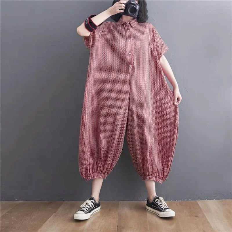 Women's Jumpsuits Rompers Cotton Linen Jumpsuits Casual Summer Polo-neck Plaid Short Slve Korean Fashion One Piece Outfits Women Clothing Loose R
