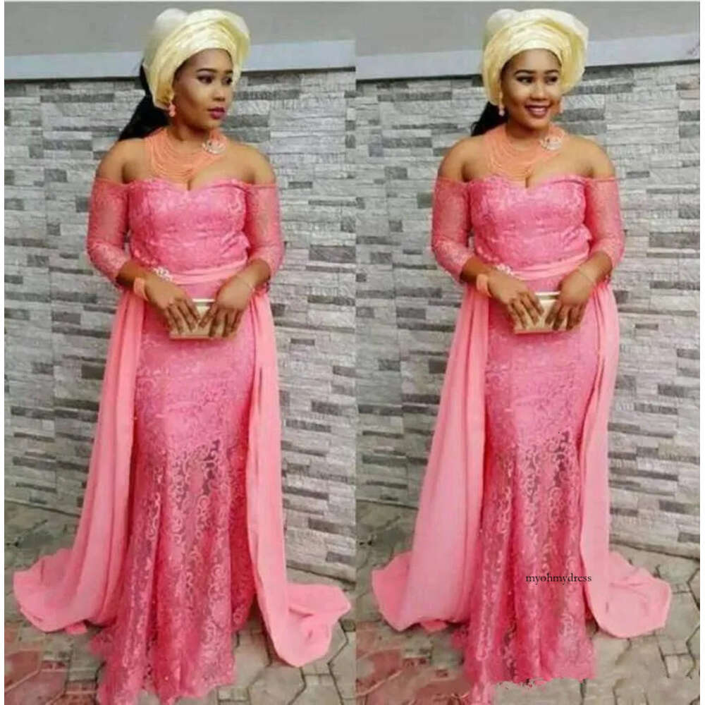 Sexy Pink Off-Shoulder Prom Lace Appliques African Mermaid Evening Charming Party Dresses With Chiffon Detachable Train Z78 0510