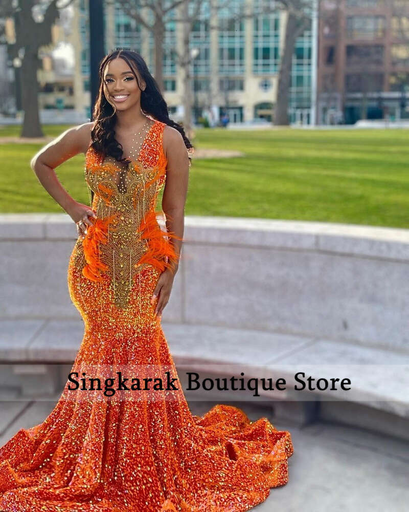Golden Dias Orange Prom Dress 2023 Sparkly Beads Crystal Rhies Feathers Sequins Birthay Party Gown Robe De Bal