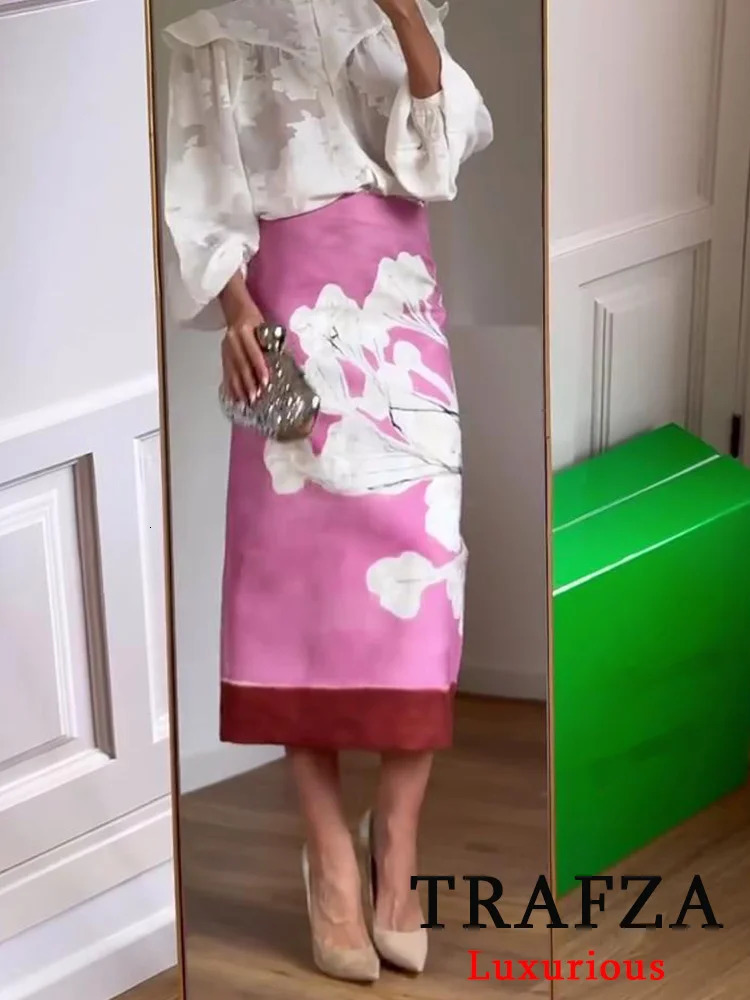 TRAFZA Vintage Casual Women Skirt Flower Print Zipper Long Straight Skirt Fashion Spring Summer Holiday Long Skirt 240506